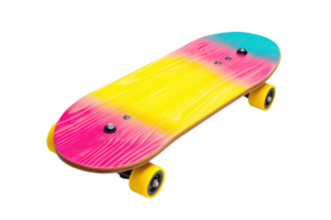 A vibrant skateboard featuring a gradient design of yellow, pink, and teal colors. png