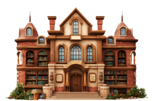 A charming, ornate library building featuring multiple windows, brick facade, and shelves filled with books. png