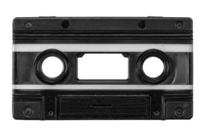 A vintage audio cassette tape featuring two circular reels and a blank label area for recording or labeling. png