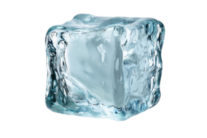 A clear ice cube with smooth surfaces and rounded edges, showcasing its crystalline structure and reflective qualities. png
