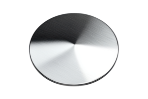 A polished circular metal disc with a reflective surface, showcasing a gradient of light and shadow across its smooth texture. png