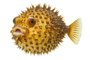 A spiky, yellow pufferfish with large eyes and a rounded body, showcasing its distinctive texture and unique features. png