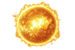 A radiant sun emits bright, fiery rays, showcasing its vibrant yellow and orange colors in a dynamic cosmic display. png