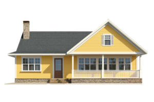 A charming yellow house featuring a front porch, multiple windows, and a stone foundation, showcasing a welcoming architectural style. png