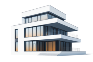A modern, multi-level house featuring large windows and sleek lines, showcasing a contemporary architectural design. png