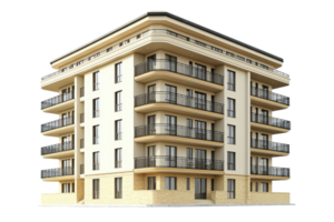 A modern, multi-story building featuring balconies, large windows, and a sleek architectural design. png