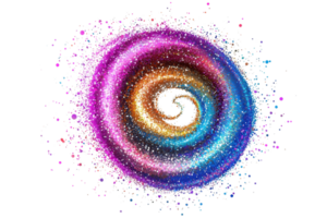 A vibrant swirl of colorful particles creating a dynamic cosmic spiral. png