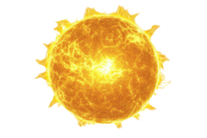 A vibrant, glowing sun with radiating rays and intricate surface patterns, symbolizing energy and light. png