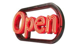 A glowing red neon sign displaying the word Open. commonly used to indicate business hours or availability. png