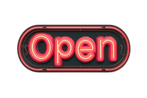 A neon sign displaying the word Open in bright red letters, indicating that a business is currently welcoming customers. png