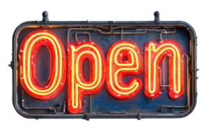 A glowing neon sign displaying the word Open in bright orange and yellow colors, indicating availability. png