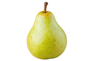 A ripe, yellow pear with a smooth surface and a slender stem, showcasing its plump shape and natural speckled pattern. png
