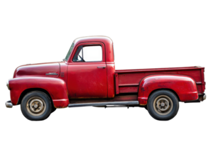 A vintage red pickup truck with a classic design and a spacious bed, showcasing its iconic shape and nostalgic appeal. png