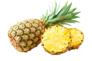 A ripe pineapple with slices, showcasing its textured skin and vibrant yellow flesh. png