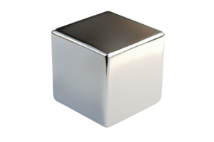 A shiny, metallic cube with smooth surfaces and sharp edges, reflecting light and exhibiting a polished appearance. png