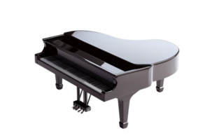 A sleek grand piano featuring a polished surface and classic design, showcasing its elegant curves and keys. png