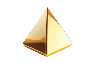 A shiny golden pyramid with smooth surfaces and sharp angles, reflecting light and creating a striking visual effect. png