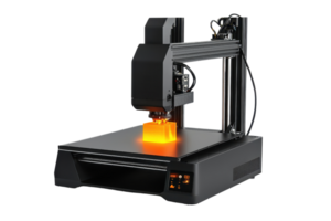 A 3D printer featuring a build plate and an illuminated resin print in progress. png
