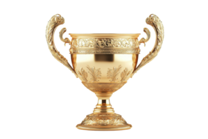 An ornate golden trophy featuring intricate designs and elaborate handles, symbolizing achievement and excellence. png