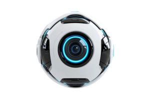 A spherical device featuring a prominent lens and illuminated ring, designed for advanced imaging technology. png