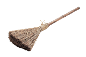 A traditional broom with a wooden handle and straw bristles, designed for sweeping and cleaning surfaces efficiently. png
