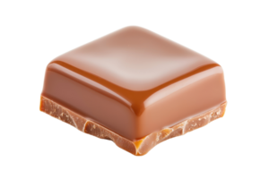 A glossy, square piece of chocolate confectionery showcases a rich, caramel-like hue and a smooth surface. png
