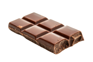 A rich, broken chocolate bar with a glossy surface and distinct segments, showcasing its smooth texture and deep brown color. png