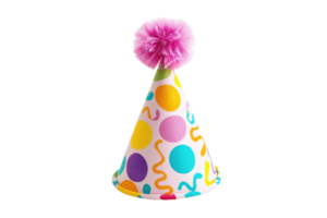 A colorful party hat adorned with playful patterns and a fluffy pom-pom on top. png