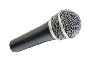 A close-up view of a microphone, showcasing its metallic grille and sleek black handle designed for audio recording or performance. png