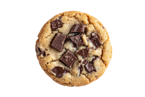 A round chocolate chip cookie featuring chunks of dark chocolate embedded within a golden-brown, slightly crispy exterior. png