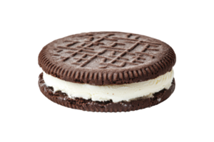 A chocolate sandwich cookie with a creamy filling, featuring a textured outer layer. png