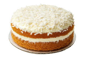 A round cake with layers, frosted with white cream and topped with shredded coconut. png
