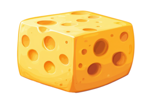A vibrant, cube-shaped cheese with distinctive holes and a smooth surface, showcasing a rich yellow color. png