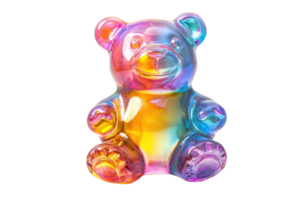 A colorful, translucent gummy bear figurine with a whimsical design, featuring playful hues and a cute, rounded shape. png