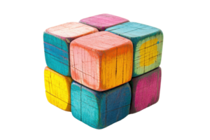 A colorful wooden cube puzzle featuring vibrant faces in pink, blue, yellow, and orange, showcasing a playful and engaging design. png