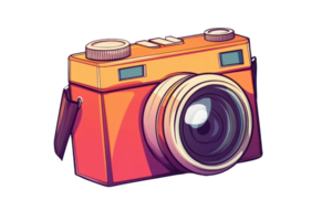 A stylized illustration of a vintage camera featuring a large lens and distinct controls, showcasing a vibrant orange color. png