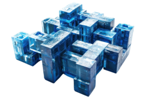 A complex structure made of interlocking blue blocks resembling ice or crystal, showcasing intricate geometric patterns. png