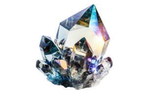 A stunning crystal formation with sharp facets reflecting light, showcasing multiple points and a luminous quality. png