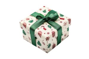 A festive gift box wrapped in decorative paper, adorned with holiday-themed patterns and a green ribbon. png