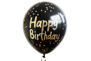 A shiny black balloon features the words Happy Birthday in gold lettering, adorned with festive golden dots. png