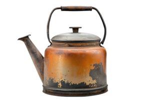 An aged kettle with a rustic, weathered appearance featuring a round body, spout, and handle, showcasing vibrant orange and muted gray tones. png