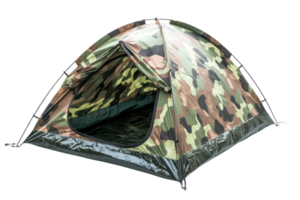 A camouflage tent designed for outdoor camping, featuring a unique pattern for blending into natural environments. png