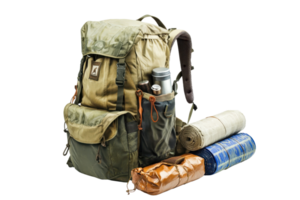 A rugged backpack with various compartments, accompanied by rolled sleeping mats and a water bottle. png