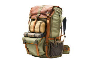 A rugged, multi-pocket backpack designed for outdoor adventures, featuring durable materials and a practical storage layout. png
