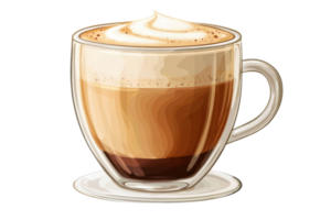 A creamy latte in a clear glass cup with swirls of foam and layers of coffee. png
