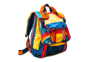 A vibrant, multicolored backpack featuring sturdy straps and multiple pockets for storage. png