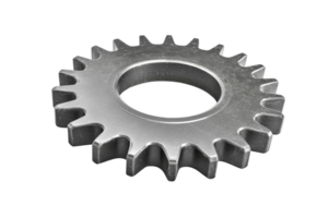 A metallic gear with prominent teeth and a central hole, designed for mechanical applications and machinery. png