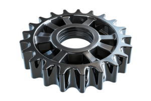 A metallic gear with sharp teeth and a central hole, showcasing intricate details and a polished surface. png