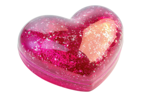 A glossy, heart-shaped object filled with shimmering glitter and vibrant pink hues. png