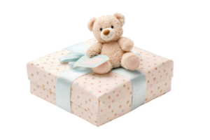 A gift box adorned with a soft teddy bear on top, featuring a light blue ribbon and decorative patterns. png